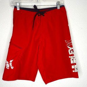 Hurley International boy's size 27, red/black board shorts with pocket.